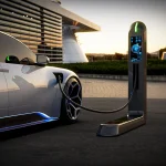 Modern electric vehicle charging at a public station in a vibrant cityscape.