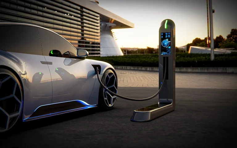 Modern electric vehicle charging at a public station in a vibrant cityscape.
