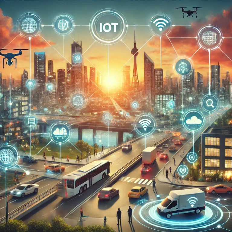 A futuristic smart city at sunset featuring IoT-enabled devices like smart traffic lights and autonomous vehicles.