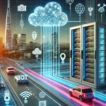 Futuristic data center showcasing edge computing with server racks and connected devices like IoT sensors and autonomous cars