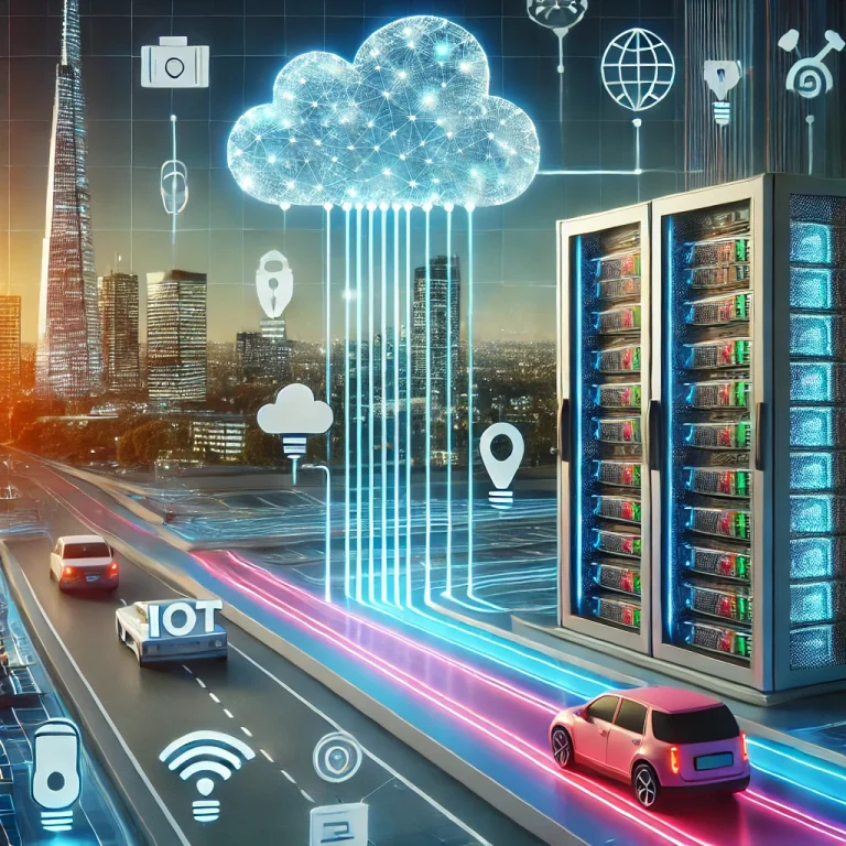 Futuristic data center showcasing edge computing with server racks and connected devices like IoT sensors and autonomous cars