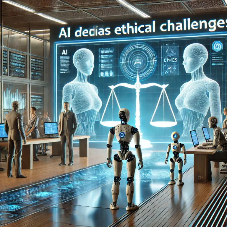 A futuristic office showcasing collaboration between humans and AI, highlighting ethical challenges in development.