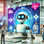 Futuristic chatbot interface on a computer screen with industry icons like healthcare, retail, and banking, showcasing AI-powered customer service improvements.