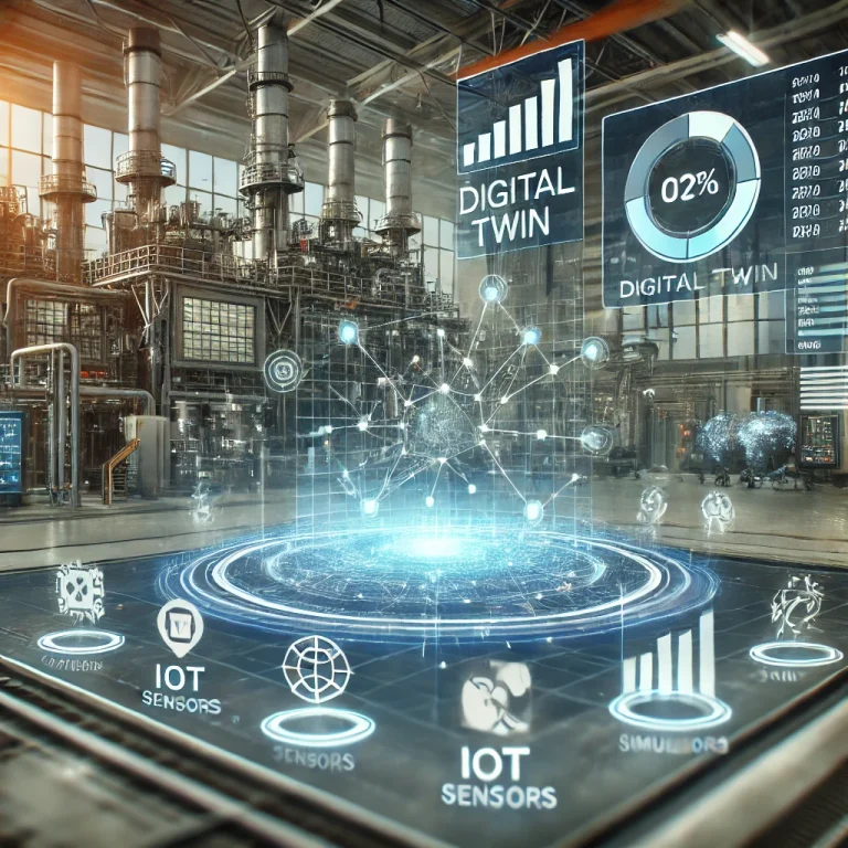 A digital twin model showcasing the real-time simulation of an industrial system with dynamic data visualization.