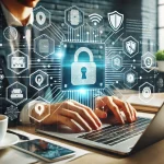 A person using a laptop with cybersecurity shields and digital lock icons representing data protection