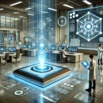 A futuristic laboratory showcasing quantum sensor technology in action with scientists analyzing holographic data.