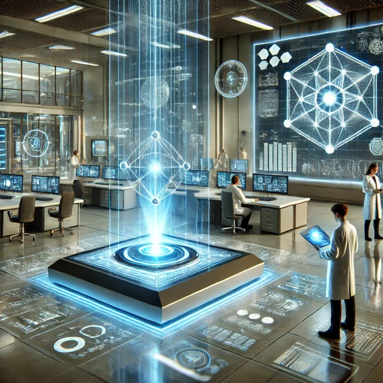 A futuristic laboratory showcasing quantum sensor technology in action with scientists analyzing holographic data.