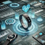 Futuristic wearable fitness technology devices with holographic fitness data displays.