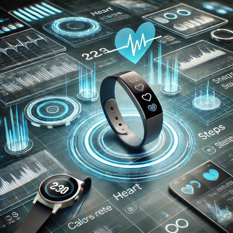 Futuristic wearable fitness technology devices with holographic fitness data displays.