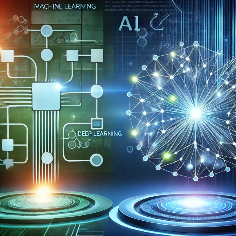 A comparative illustration showing machine learning with a simple neural network and deep learning with a complex layered neural network