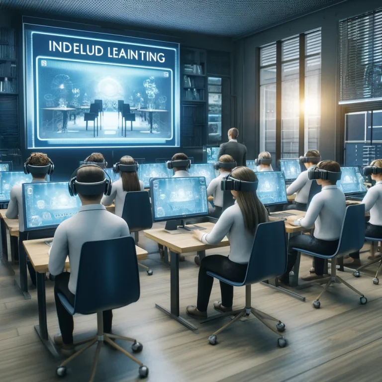 Students wearing VR headsets in a classroom, engaging in immersive learning experiences.