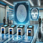 Digital fingerprint scan on a biometric security interface.