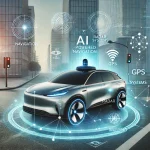A self-driving car on a futuristic city street, illustrating AI-powered navigation and LiDAR sensors in action.