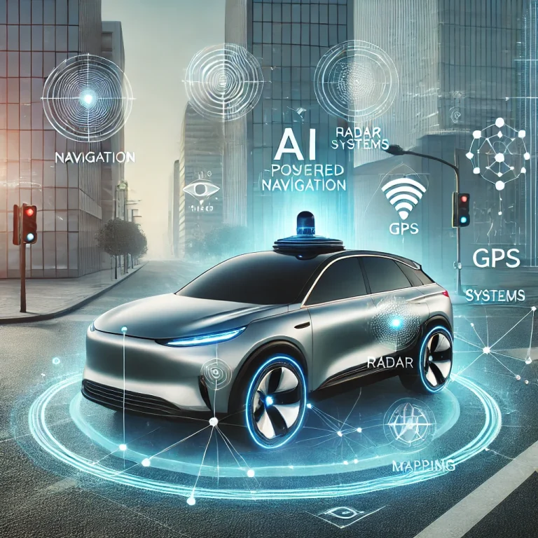 A self-driving car on a futuristic city street, illustrating AI-powered navigation and LiDAR sensors in action.