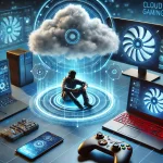 A gamer browsing a cloud gaming library on a laptop screen.