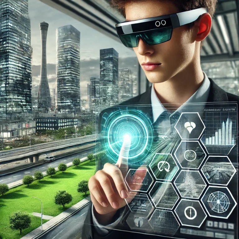 Students using smart glasses for an augmented reality classroom session.