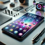 A futuristic smartphone with a bezel-less display, showcasing vibrant app icons on a modern desk.