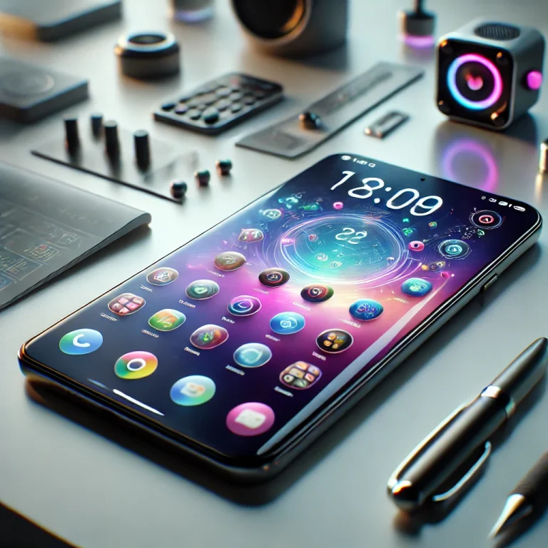 A futuristic smartphone with a bezel-less display, showcasing vibrant app icons on a modern desk.