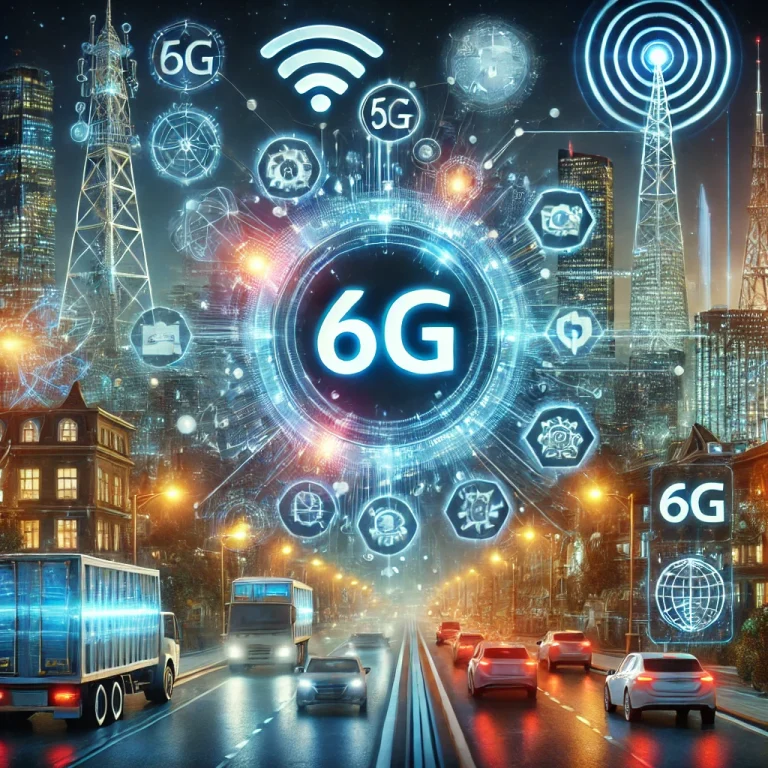 A futuristic holographic interface showcasing advanced 6G communication in a smart city environment.