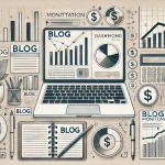 A laptop displaying a blog dashboard surrounded by financial growth charts, symbolizing blog monetization.