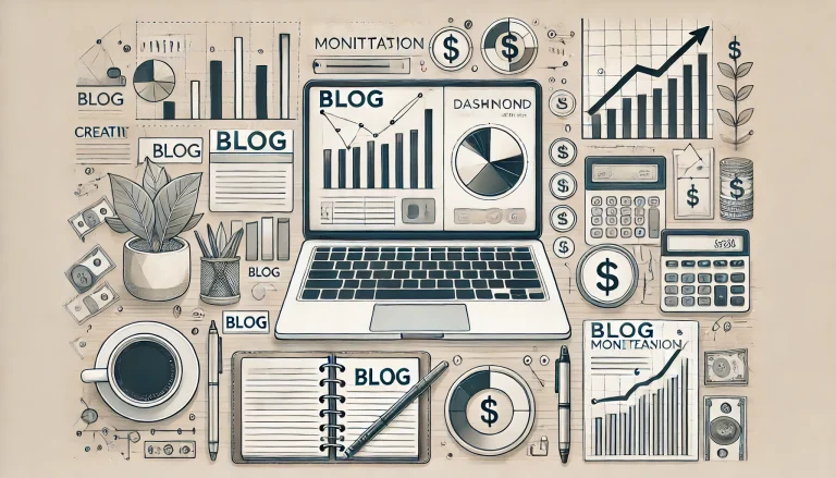A laptop displaying a blog dashboard surrounded by financial growth charts, symbolizing blog monetization.