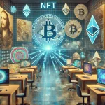 Futuristic digital art marketplace with NFT artworks displayed on holographic screens.