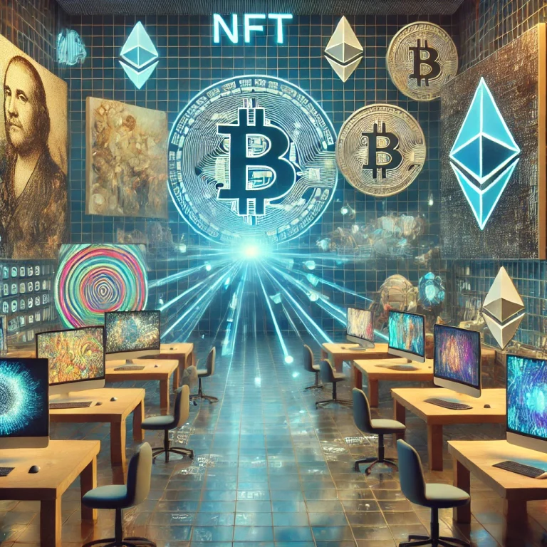 Futuristic digital art marketplace with NFT artworks displayed on holographic screens.