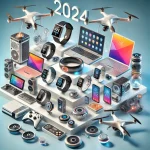 A futuristic lineup of the top gadgets for 2024, including foldable smartphones, gaming consoles, and smart speakers in a modern setting.