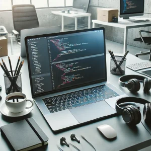 A laptop screen showing code being typed in a modern workspace.