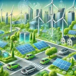 A futuristic cityscape featuring solar panels, wind turbines, and electric vehicles as examples of green technology innovations.