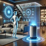 Futuristic AI-powered personal assistant displayed as a hologram in a modern smart home environment with advanced technology integration.