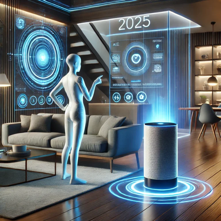 Futuristic AI-powered personal assistant displayed as a hologram in a modern smart home environment with advanced technology integration.