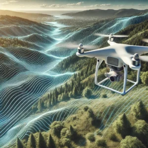 A drone equipped with a LiDAR scanner mapping a forested landscape, displaying a digital overlay of 3D topographic data and mapping lines in a natural setting.