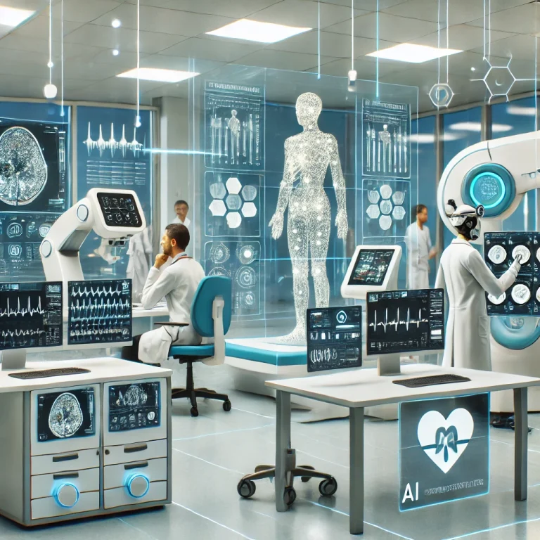 A futuristic healthcare diagnostics lab with AI-powered tools, including medical imaging systems, data analysis dashboards, and robotic assistants, showcasing innovation and precision in medical diagnostics