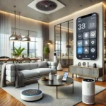 Modern smart home living room with smart thermostat, speaker, and automated lighting.