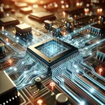 A detailed close-up of a microchip on a circuit board, showcasing intricate pathways and glowing data elements.