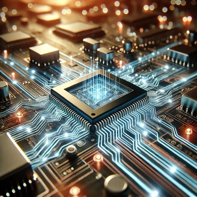 A detailed close-up of a microchip on a circuit board, showcasing intricate pathways and glowing data elements.