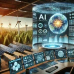 AI-powered control room analyzing climate data with heat maps, carbon emissions charts, and renewable energy grids displayed on large screens.