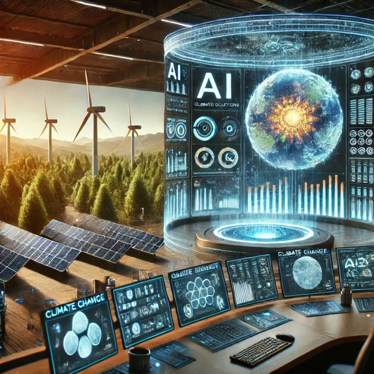 AI-powered control room analyzing climate data with heat maps, carbon emissions charts, and renewable energy grids displayed on large screens.