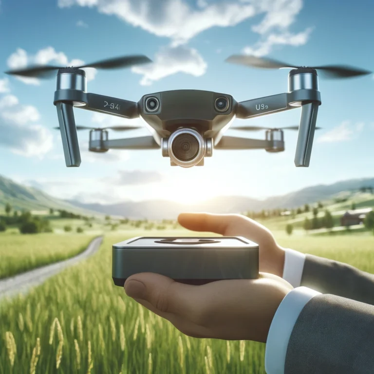 A person examining a high-tech drone in a bright outdoor setting, with the drone hovering above their hand against a backdrop of blue sky and green grass.
