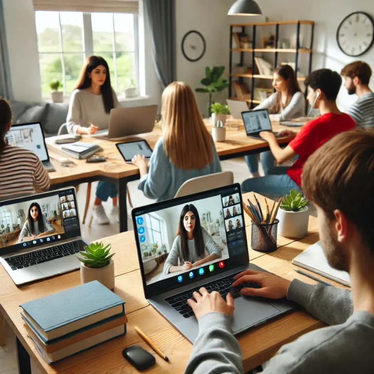 Students attending an online class from remote locations using laptops and tablets.