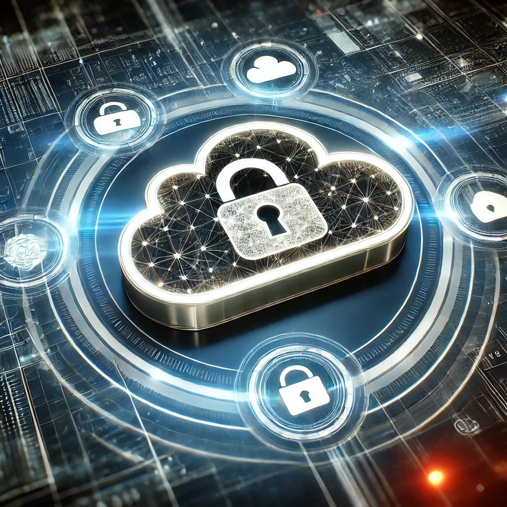 Futuristic cloud storage concept with a glowing cloud icon and interconnected data lines, symbolizing multiple cloud storage services with cybersecurity and encryption