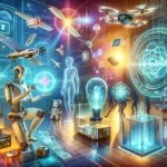 Futuristic humanoid robot interacting with holographic AI data.