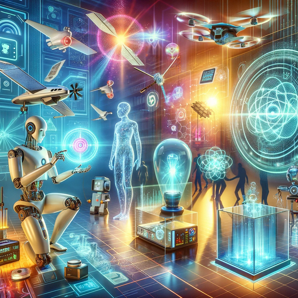 Futuristic humanoid robot interacting with holographic AI data.