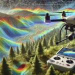 Drone equipped with a LiDAR sensor scanning a dense forest, with a digital overlay showing detailed topographic data.