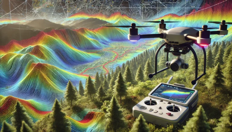Drone equipped with a LiDAR sensor scanning a dense forest, with a digital overlay showing detailed topographic data.