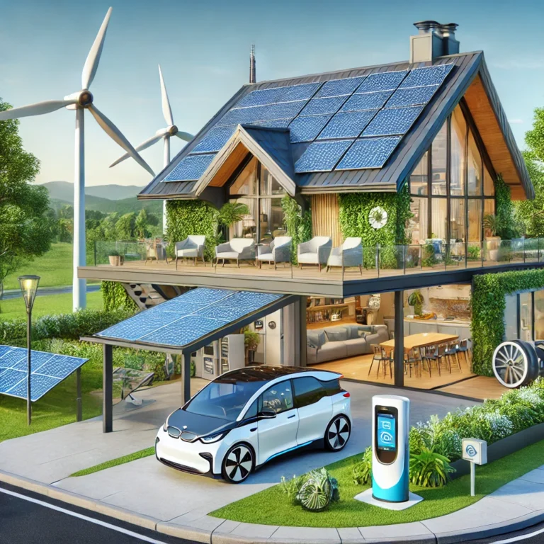 A modern eco-friendly home in 2025 powered by solar panels, a wind turbine, and a battery storage system, with an electric vehicle charging in the driveway.